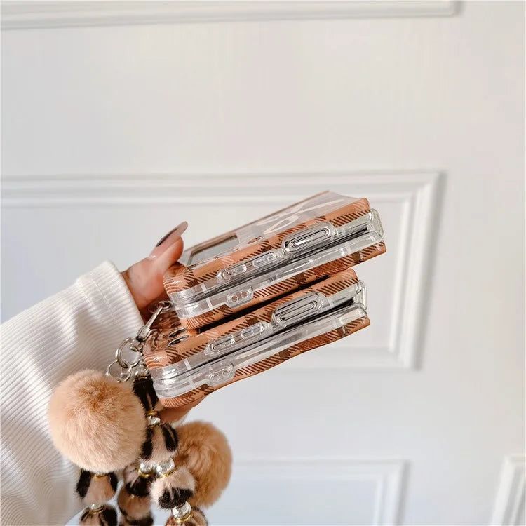 For Samsung Galaxy Z Flip5 5G Case IMD Plaid Bowknot Pattern TPU Cover with Plush Hand Strap