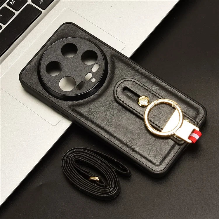 For Xiaomi 14 Ultra Case PU Leather+PC+TPU Wristband Kickstand Drop-proof Phone Cover