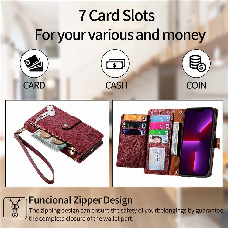 For iPhone 13 Pro Case RFID Blocking Zipper Leather Phone Cover with Wallet Card Slots