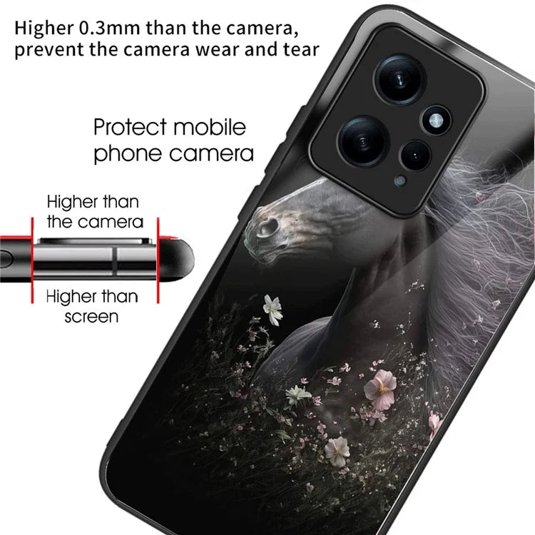 For Xiaomi Redmi Note 12 4G Painted Pattern Case Tempered Glass+PC Back Soft TPU Phone Cover and Flower