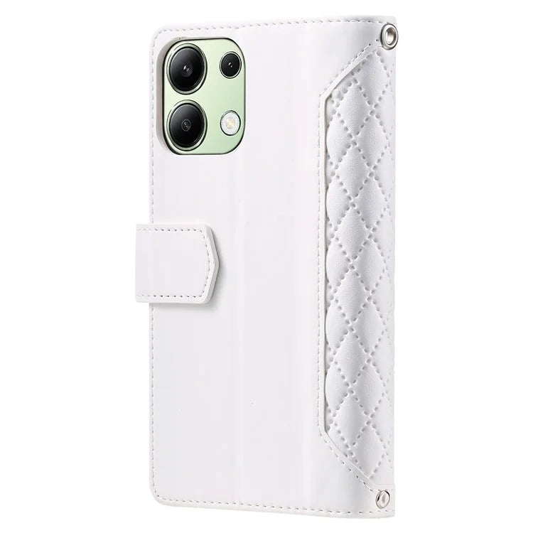 For Xiaomi Redmi Note 13 4G Wallet Case Leather Rhombus Texture Zipper Phone Cover with Wrist Strap