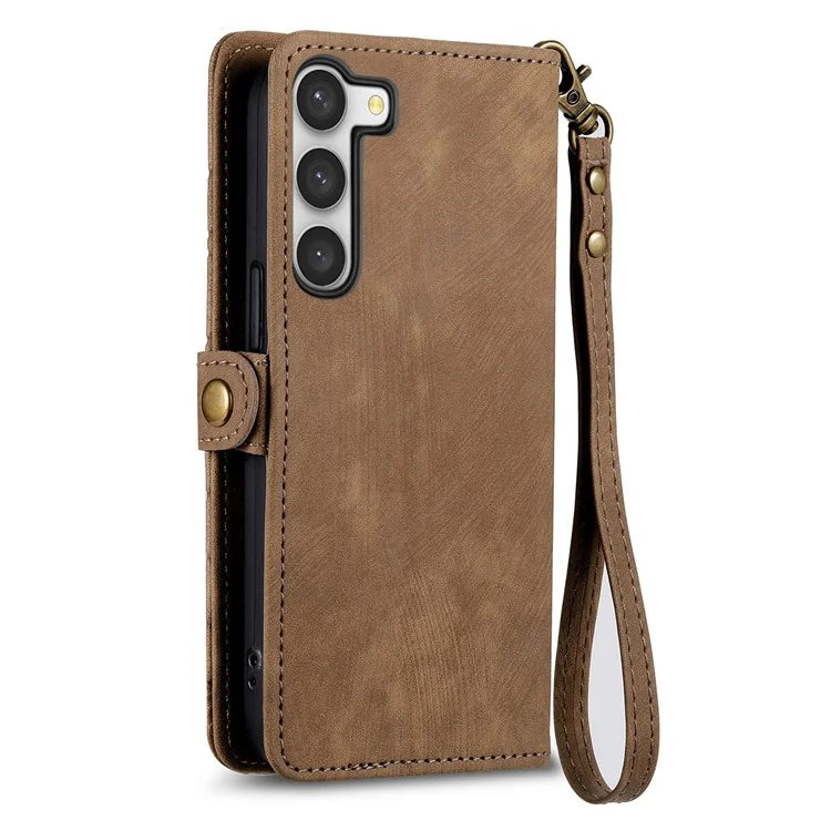 For Samsung Galaxy S23 Case Geometry Zipper Wallet Leather Phone Cover with Wrist Strap