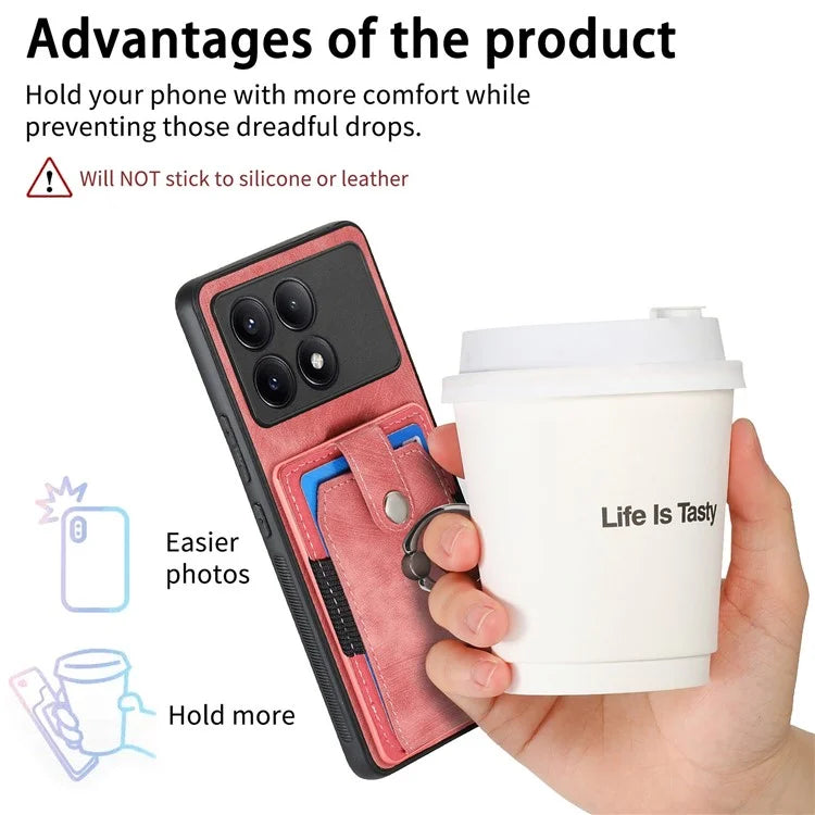 D2 For Xiaomi Redmi K70E 5G / Poco X6 Pro 5G Ring Holder Phone Case PU Leather+TPU Card Holder Phone Cover