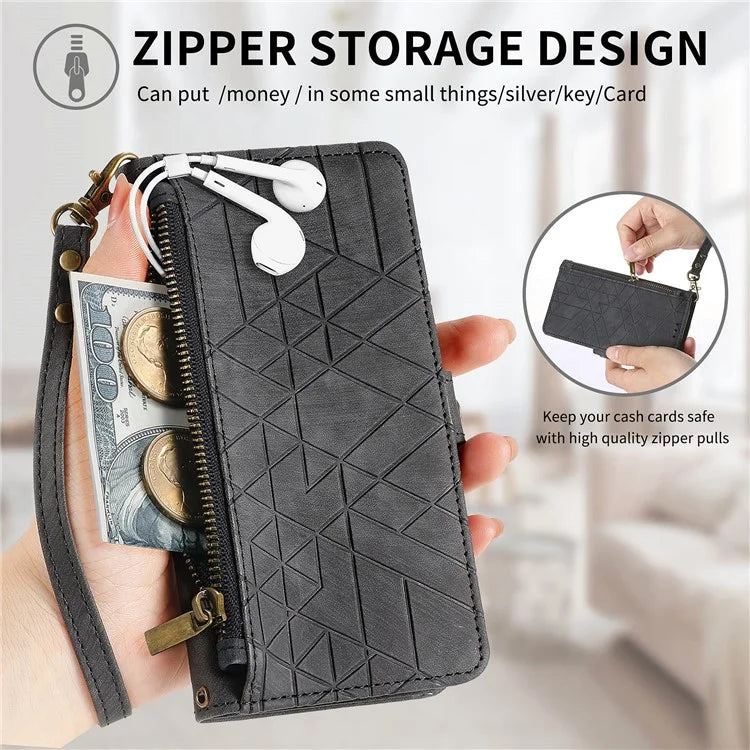 Flip Stand Phone Case for Samsung Galaxy A24 4G (162.1 X 77.6 X 8.3mm) Zipper Pocket Wallet Cell Phone Cover with Wrist Strap