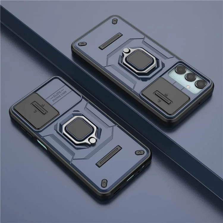 For Samsung Galaxy M15 5G Case with Slide Camera Cover Ring Kickstand PC+TPU Phone Protector