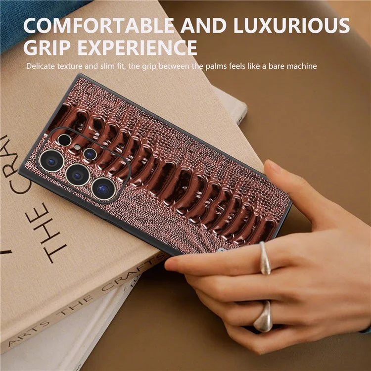 ABEEL For Samsung Galaxy S24 Ultra Case Crocodile Texture Genuine Cow Leather+PC+TPU Cover
