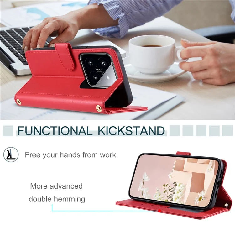 For Xiaomi 14 Case Stand View PU Leather Flip Phone Cover with Strap