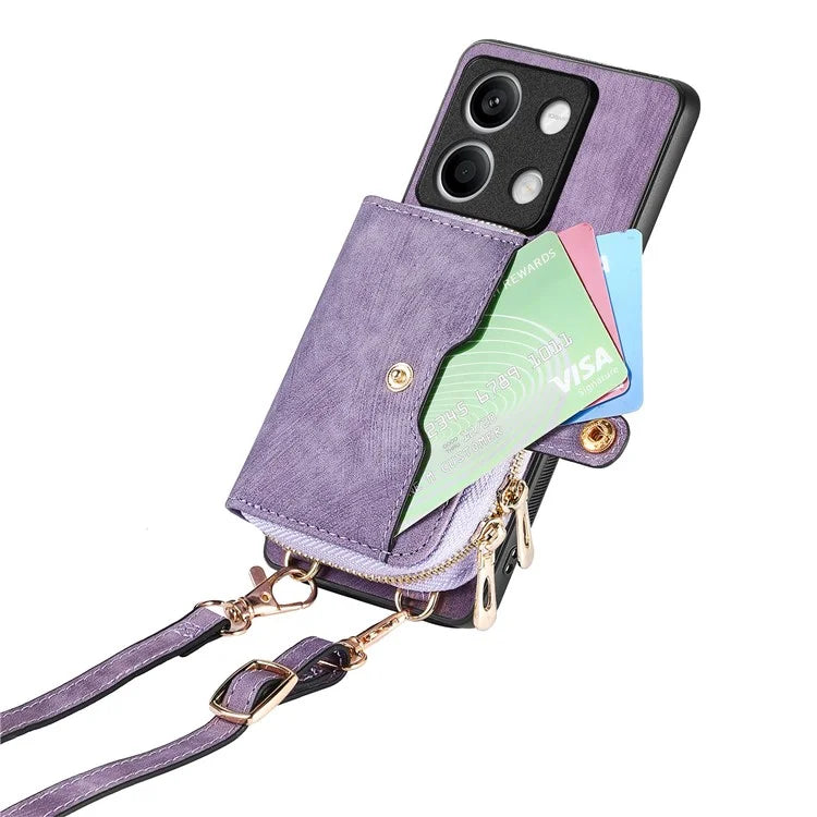 D3 for Xiaomi Redmi Note 13 5G Case Retro Leather Zipper Pocket Back Cover with Lanyard
