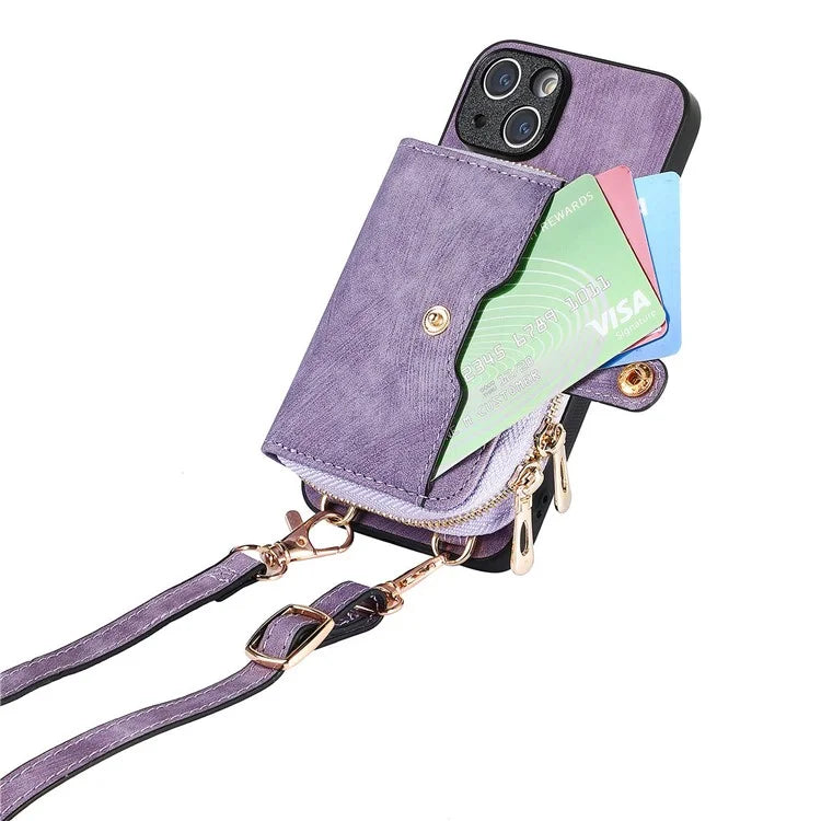 D3 For iPhone 13 Wallet Case Anti-Scratch PU+TPU+PC Phone Cover with Strap