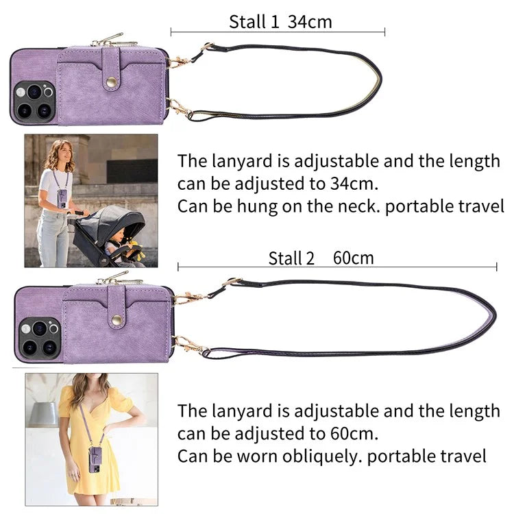 D3 For iPhone 15 Pro Max Zipper Wallet Case PU+TPU+PC Phone Shell with Strap