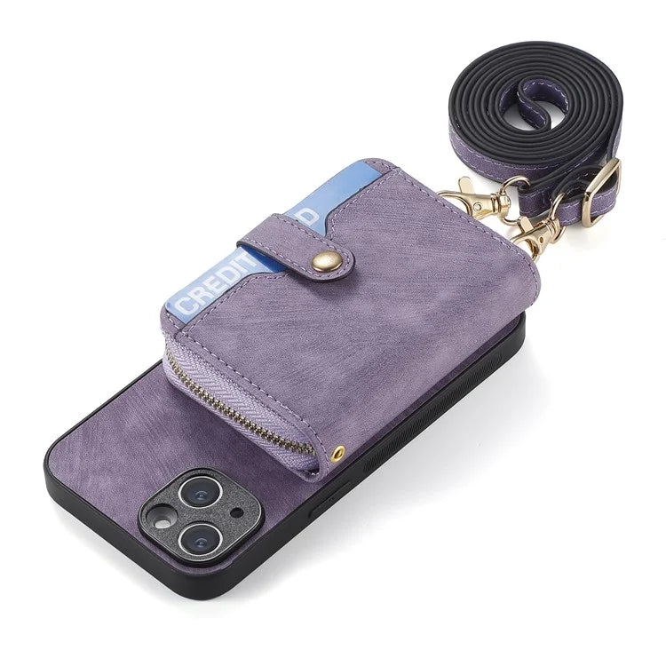 D3 for iPhone 15 Plus Crossbody Case Card Holder Kickstand Leather+PC+TPU Phone Cover
