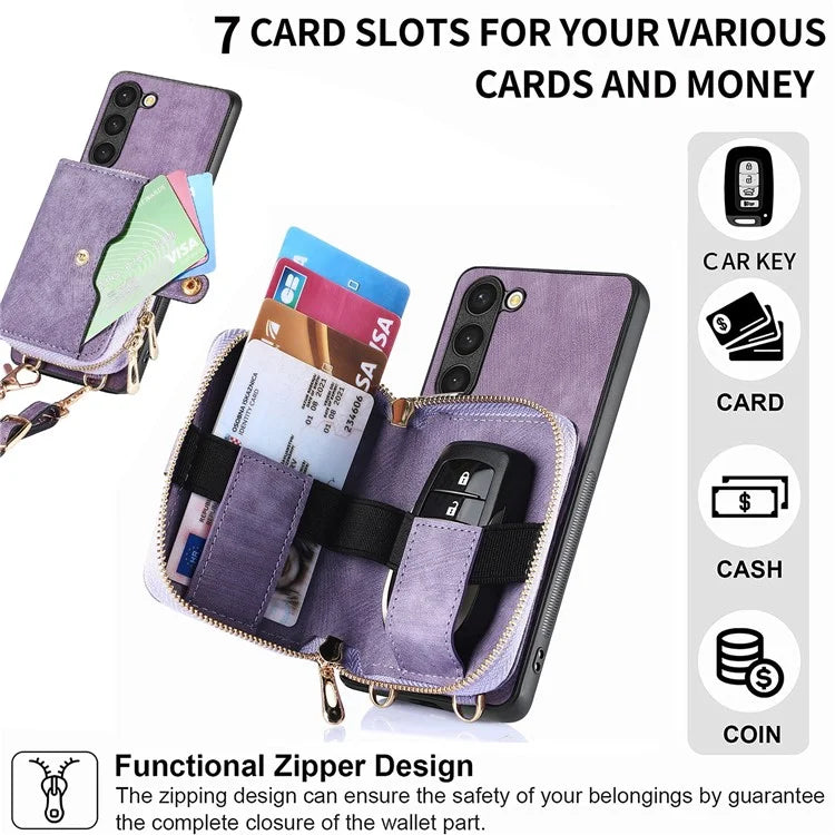 D3 For Samsung Galaxy S23+ Cell Phone Case Zipper Pocket Kickstand Cover with Long Strap