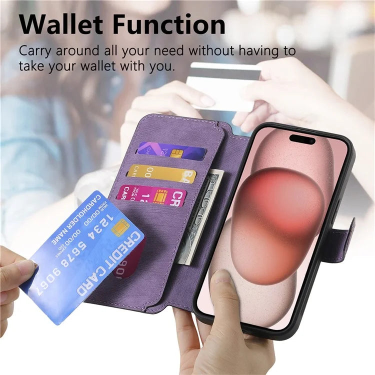 CASENEO MW-03 For iPhone 15 Case Detachable PU Leather Coated TPU Stand Wallet Phone Cover