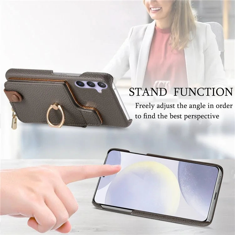 Y3 for Samsung Galaxy S24+ Anti-fall Case Zipper Leather Phone Cover RFID Blocking Ring Kickstand
