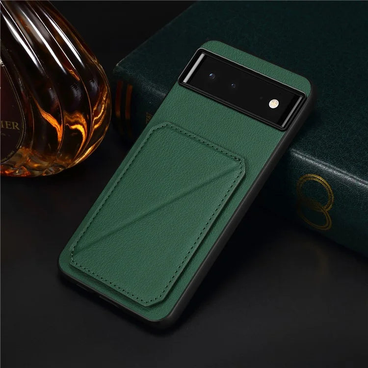 For Google Pixel 6 Case Kickstand Calf Textured Leather+PC+TPU Phone Shell