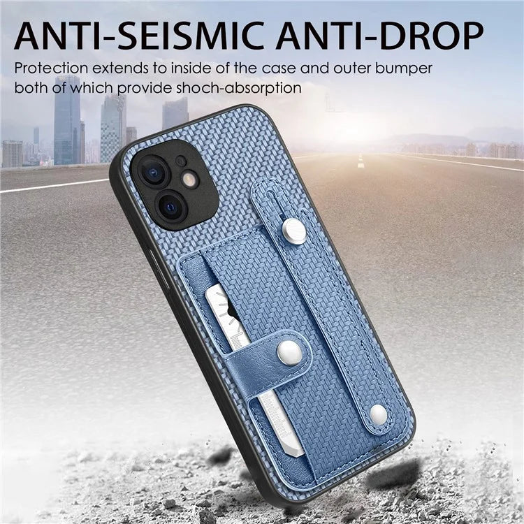 C1-01 For iPhone 12 Case Carbon Fiber Texture PU+TPU+PC Kickstand Phone Cover with Card Slot