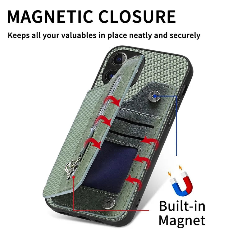 C1-04 For iPhone 12 Pro Kickstand Case Carbon Fiber Texture PU+PC+TPU Wallet Phone Cover