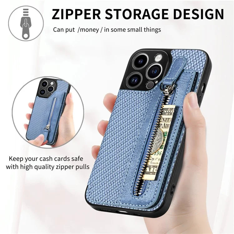 C1-04 For iPhone 14 Pro Case Leather Zipper Pocket Phone Cover with Kickstand
