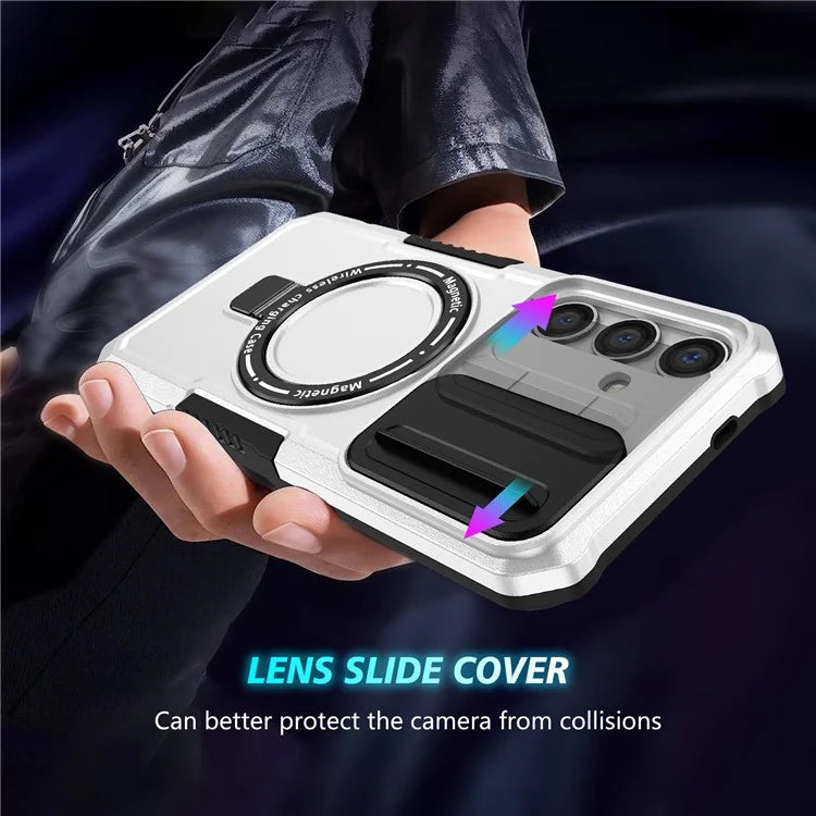 For Samsung Galaxy S24 Case Compatible with MagSafe PC+TPU Phone Case with Lens Lid / White