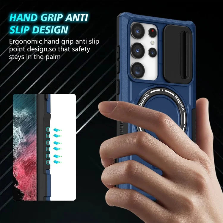 For Samsung Galaxy S22 Ultra 5G Magnetic Phone Case PC+TPU Slide Lens Window Kickstand Shell