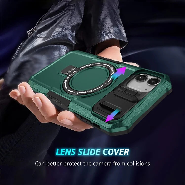 For iPhone 11 Case Invisible Magnetic Kickstand PC+TPU Phone Shell Built-in Sliding Lens Coverish Green