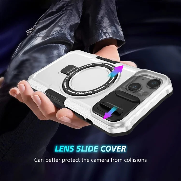 For iPhone 13 Camera Protection Case Magnetic Kickstand PC+TPU Phone Cover / White