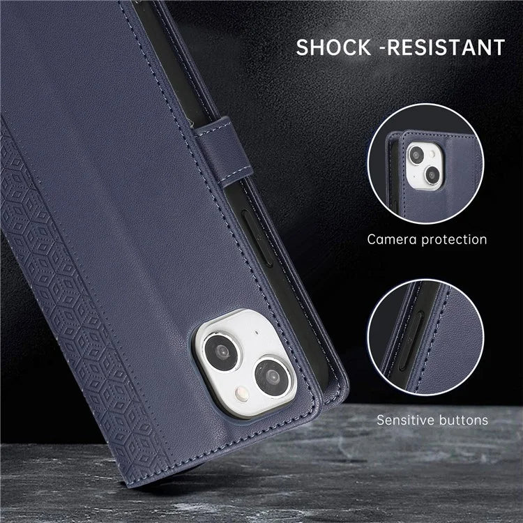 R20 for iPhone 15 Case Splicing Imprinted Rhombus Anti-Scratch Leather Phone Cover