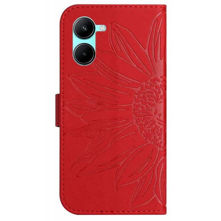 HT04 For vivo Y03 Wallet Case Sunflower Leather Stand Phone Cover with Wrist Strap