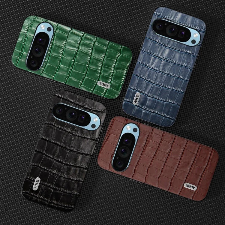 ABEEL For Google Pixel 9 / Pixel 9 Pro Case Crocodile Texture Genuine Cow Leather Coating Phone Cover