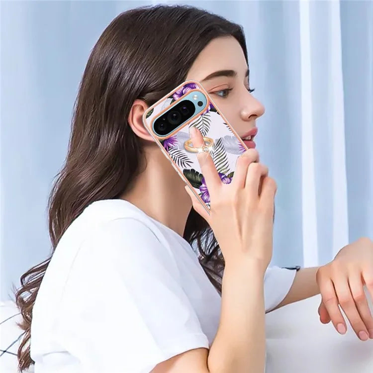 YB IMD Series-6 For Google Pixel 9 / Pixel 9 Pro Kickstand Case IMD Pattern Electroplating TPU Phone Cover