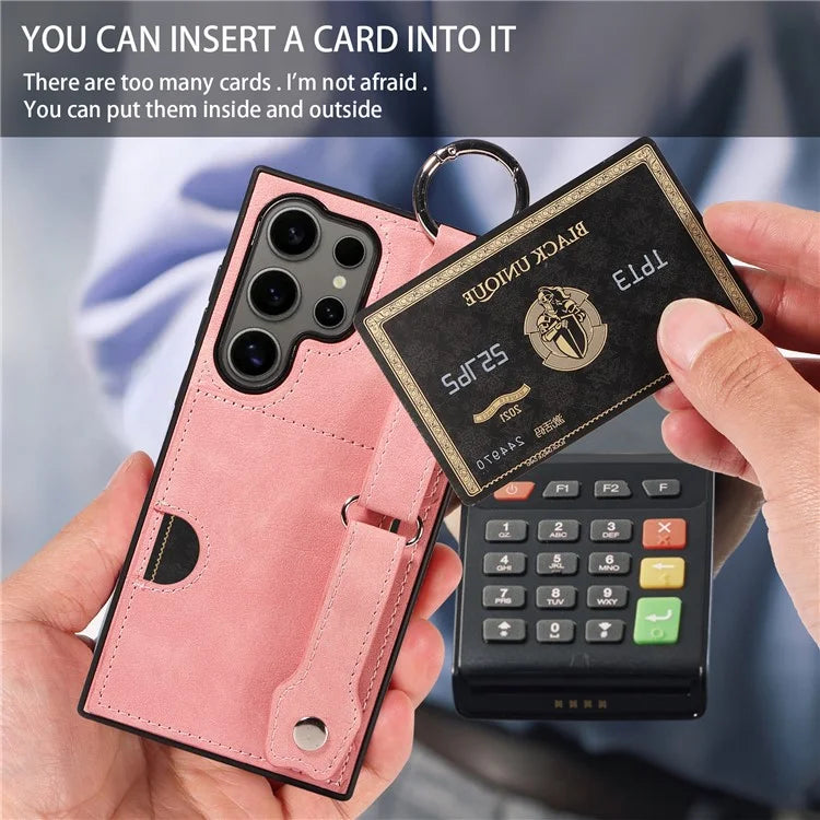 008 For Samsung Galaxy S24 Ultra Kickstand Case Leather TPU Phone Cover with Wrist Strap