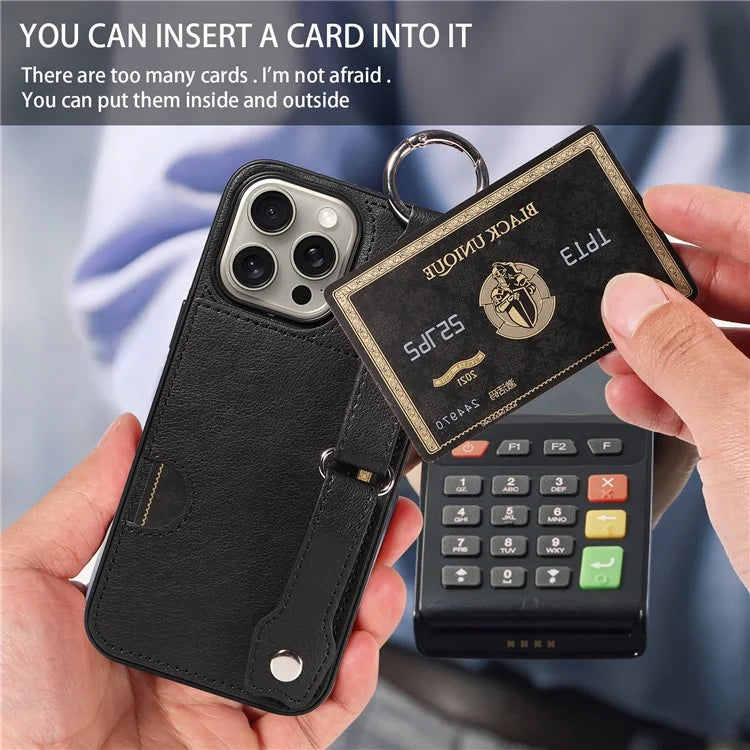 008 For iPhone 15 Pro Max Case Finger Ring Leather+TPU Phone Cover with Card Slot