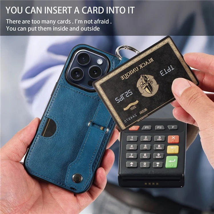 008 For iPhone 15 Pro Case Leather+TPU Wristband Kickstand Phone Cover with Finger Ring