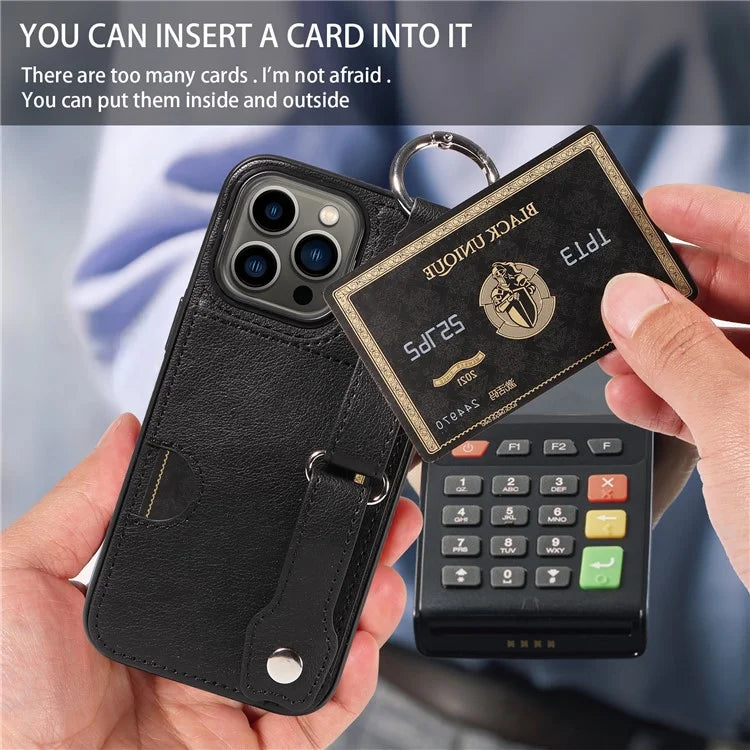 008 For iPhone 13 Pro Case Wristband Holder Kickstand PU Leather Coated TPU Phone Cover