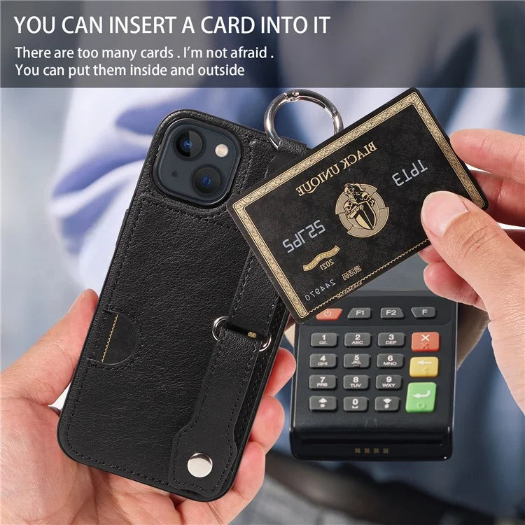 008 For iPhone 13 Case Card Slot Leather Coated TPU Phone Cover with Finger Ring