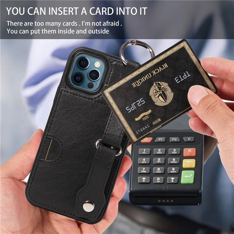 008 For iPhone 12 / 12 Pro Case PU Leather Coated TPU Metal Ring Protective Phone Cover