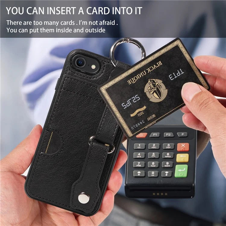 008 For iPhone 7 / 8 / SE (2020) / SE (2022) Case Finger Ring Leather Coated TPU Cover with Card Holder