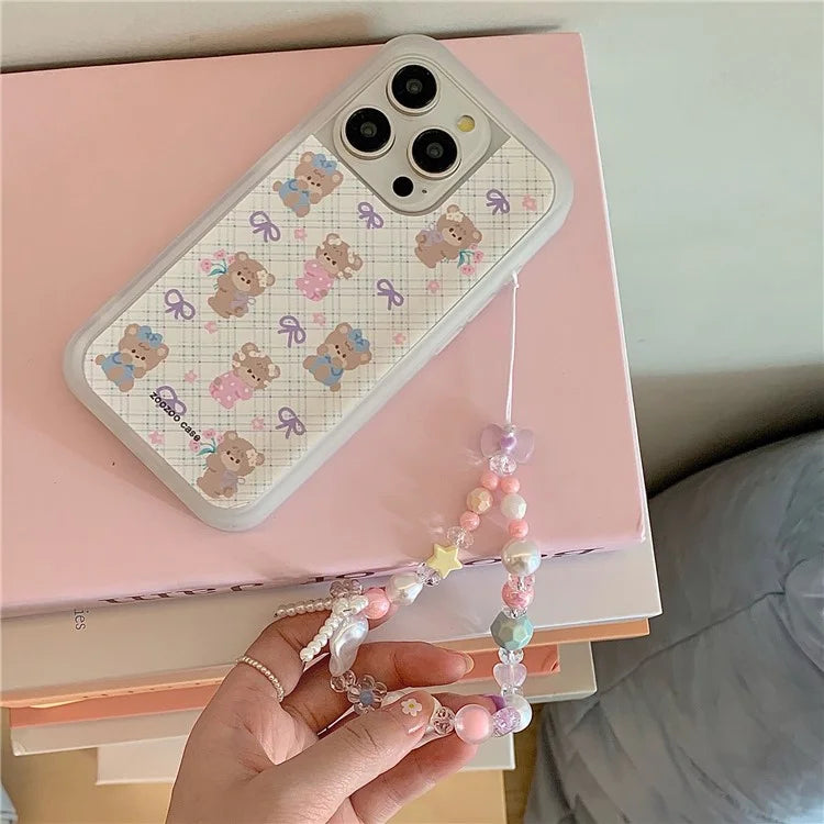 For iPhone 15 Pro TPU Case Cute Plaid Bow Bear Pattern Phone Cover with Beaded Wrist Strap