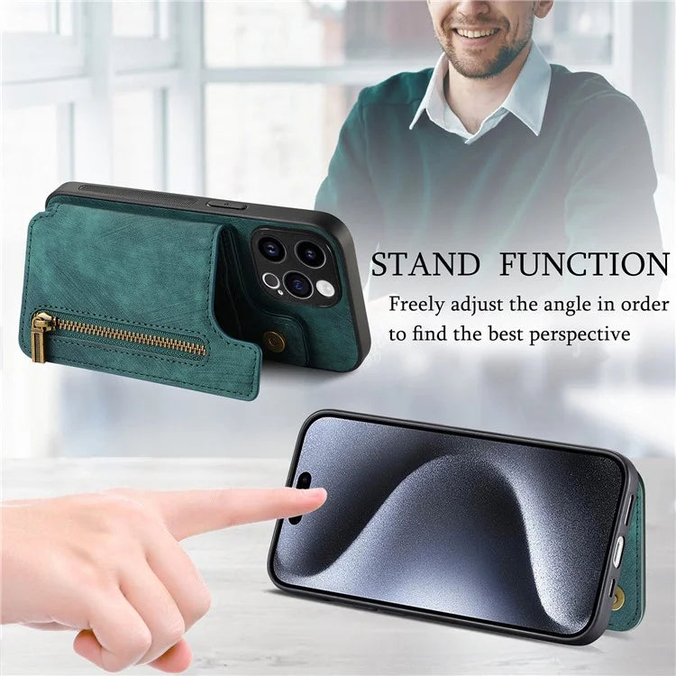 D15 For iPhone 14 Pro Case Retro PU+TPU Anti-Drop Phone Cover with Zipper Wallet Kickstand