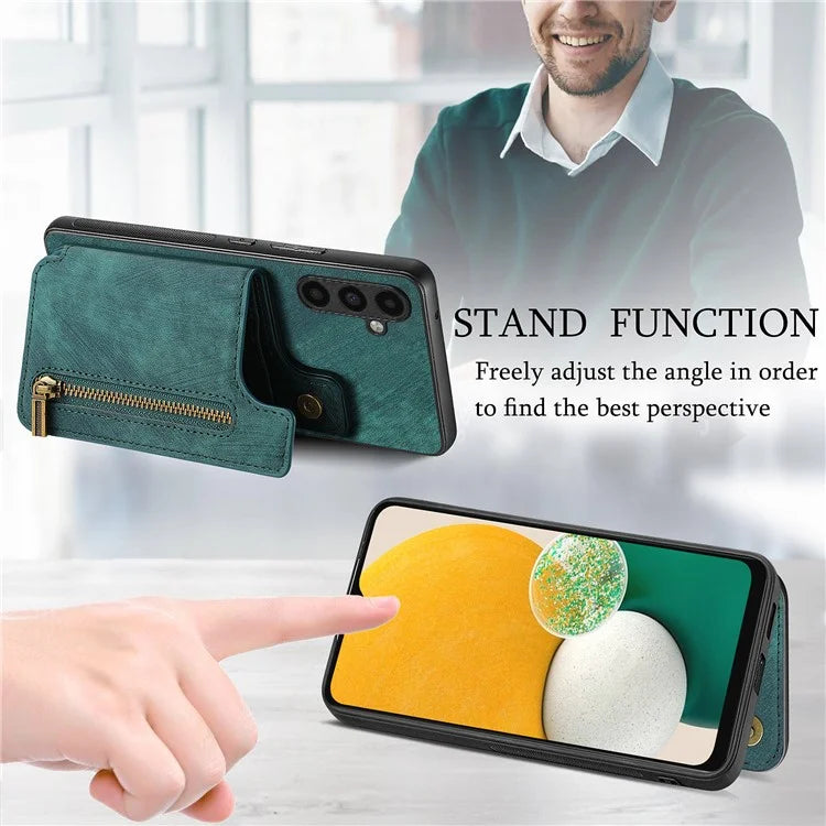 D15 For Samsung Galaxy A13 4G Case Retro Leather+TPU Phone Cover with Zipper Pocket+Kickstand