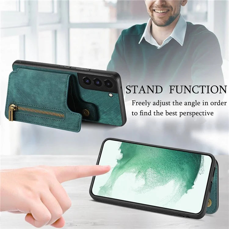 D15 For Samsung Galaxy S22+ 5G Retro Case Kickstand PU+TPU Zipper Wallet Phone Shell