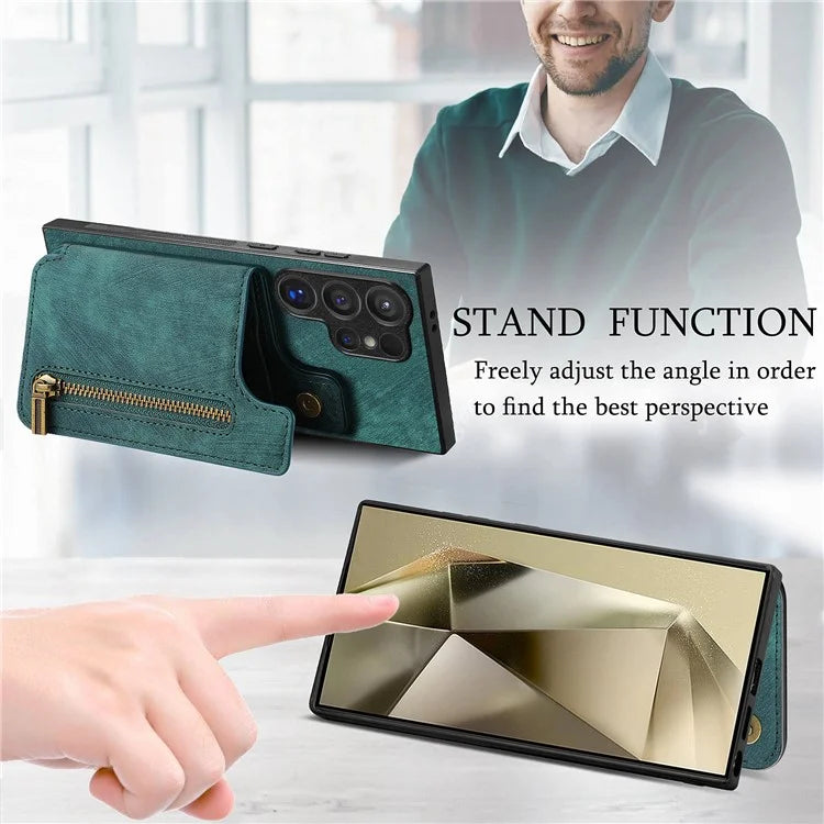 D15 For Samsung Galaxy S24 Ultra Case Card Slot Leather+TPU Zipper Kickstand Retro Phone Cover