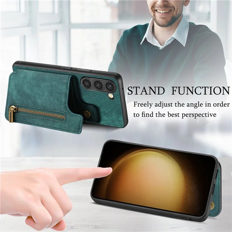 D15 For Samsung Galaxy S23+ Case Anti-Drop Retro PU+TPU Phone Cover with Zipper Wallet Kickstand