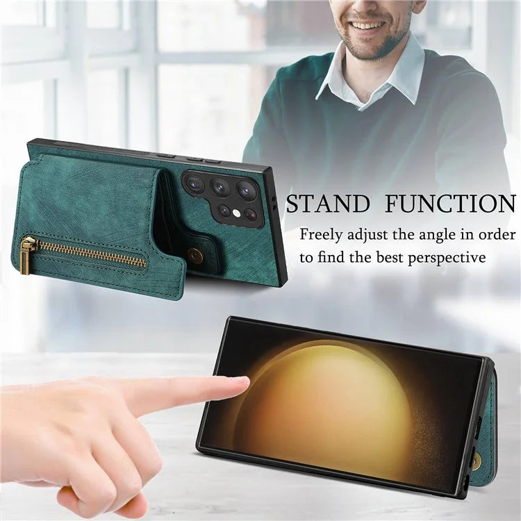 D15 For Samsung Galaxy S23 Ultra Case Retro PU+TPU Zipper Wallet Phone Cover with Kickstand