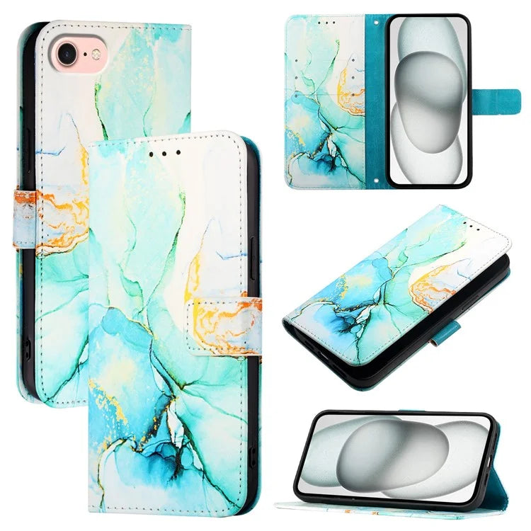 YB Pattern Printing Leather Series-5 For iPhone SE (2024) Wallet Case Leather Phone Cover with Strap