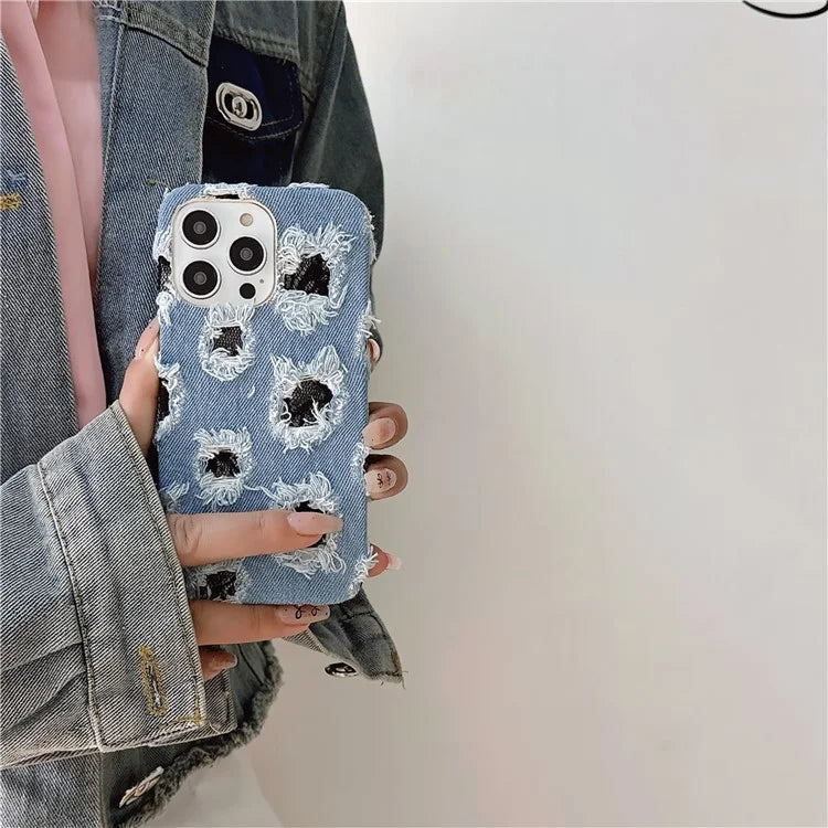 For iPhone 15 Pro Case Denim Cloth+PC Wholesale Phone Back Cover with Black Mesh Hole