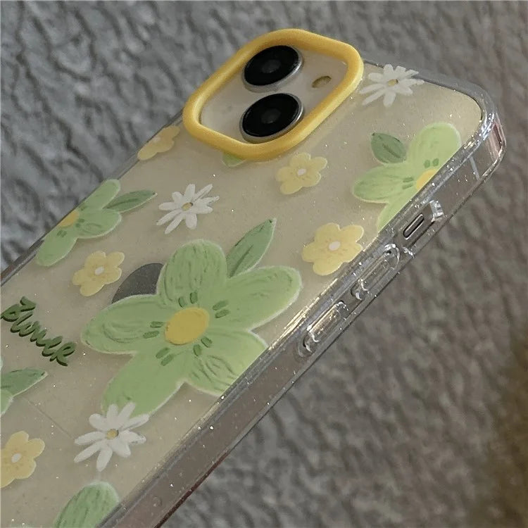 For iPhone 13 Case Glitter TPU Green Flower Aesthetic Design Phone Cover with Chain Strap