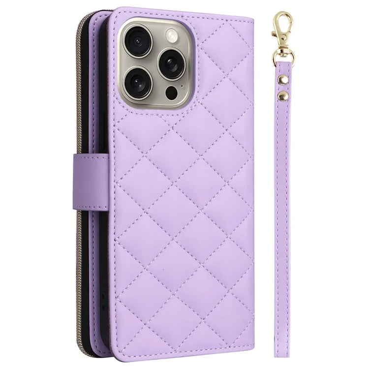 For iPhone 15 Pro Max Case PU Leather Zipper Handbag Purse Flip Phone Cover with Straps