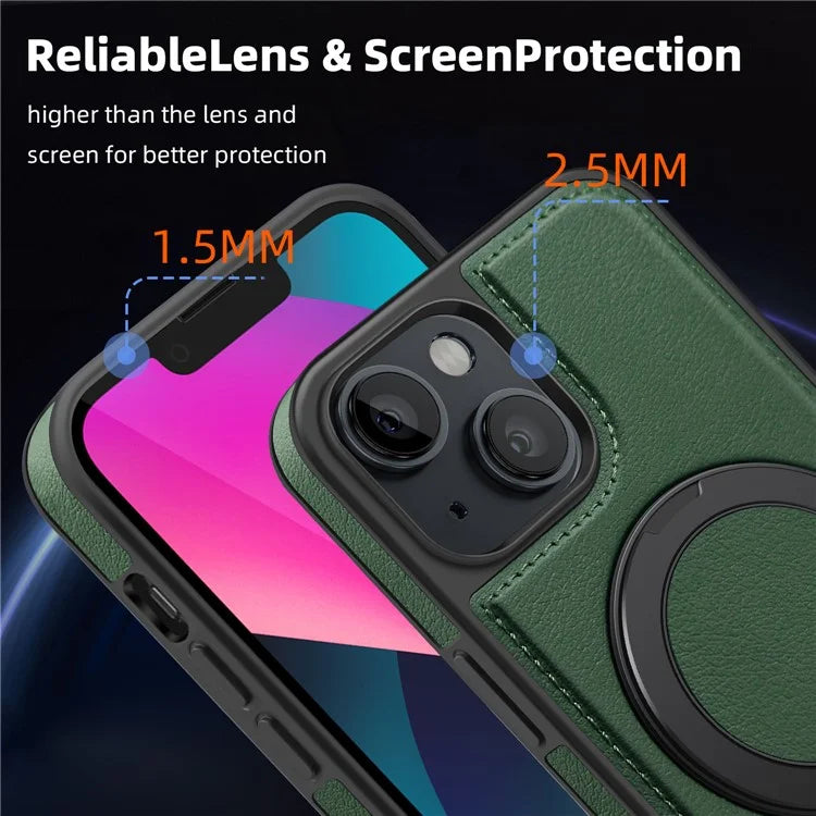 For iPhone 13 Magnetic Case Ring Kickstand Leather+PC+TPU Hybrid Phone Cover