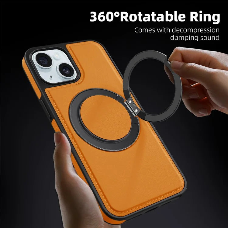 For iPhone 15 Magnetic Case Rotate Ring Kickstand PU Leather+PC+TPU Back Cover